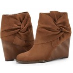 Brown Womens Wedge Ankle Boots Tie Knot Side Zipper Closed Toe Stacked Heel Booties Shoes